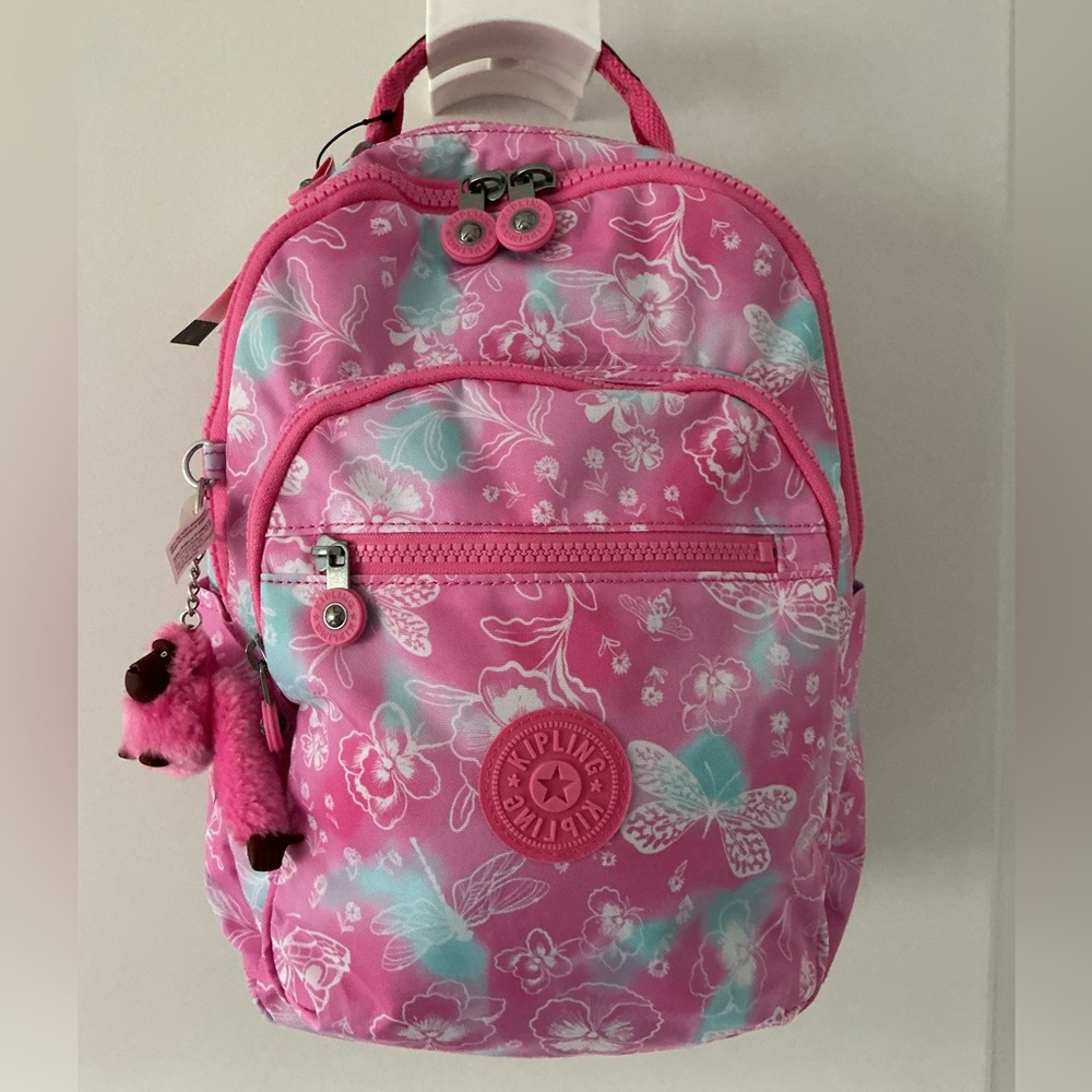 Kipling Pink Floral/Butterfly Backpack with Plush Monkey Keychain/Bag Charm